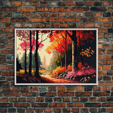 Pop Art Style Fall Forest Landscape, Framed Canvas Print, Unique living room wall art, above sofa art, Color Pop forest art