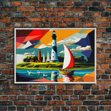 Sailboat and Lighthouse | Pop Art Style Painting Print | Framed Canvas Print | Colorful  Minimalist Art | Nautical Art