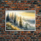 Watercolor of a foggy pine tree forest, framed canvas print, unique wall art, contemporary art