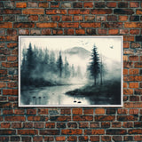 Watercolor of a foggy pine tree forest, framed canvas print, unique wall art, contemporary art, modern art