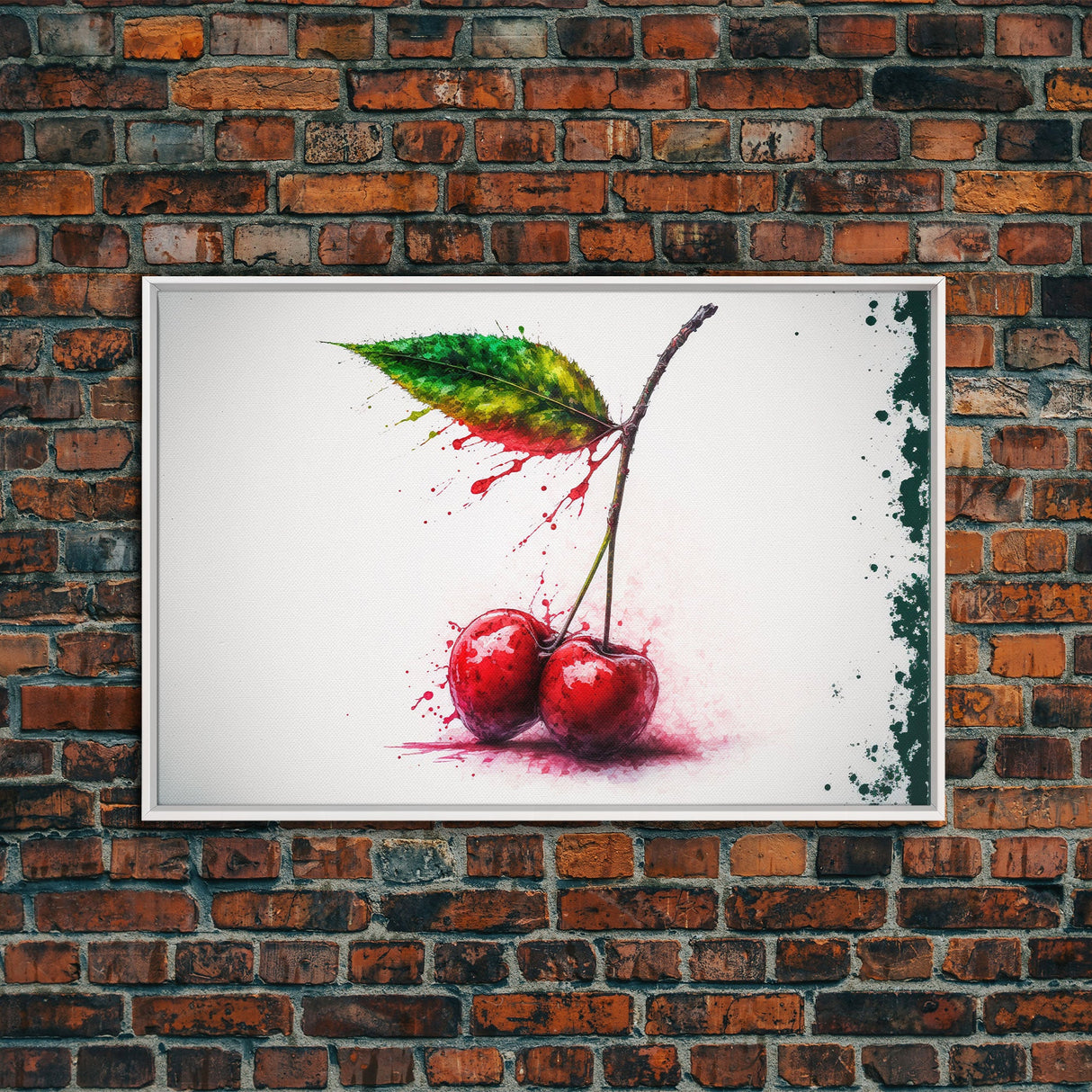 Watercolor Cherry, Still Life Paint Splatter Art, Framed Canvas Print, Fruit Art, Cherries with Stems Watercolor Painting