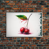 Watercolor Cherry, Still Life Paint Splatter Art, Framed Canvas Print, Fruit Art, Cherries with Stems Watercolor Painting