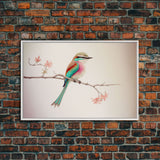 Colorful Oriole Bird On a Branch, Watercolor, Framed Canvas Print, Birdwatcher Art