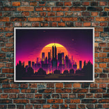 Outrun Style Futuristic Cyberpunk City Skyline at Sunset, Concept art, framed canvas print, dystopian art