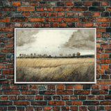 Moody Country Landscape Canvas Print Painting | Vintage Wall Art | Subdued Wall Art | Framed Canvas | Muted Monochromatic Landscape Art