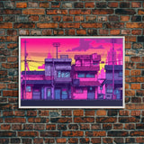 Neighborhood Wall Art - Framed Canvas Print - Original painting - Pop Art Style - Colorful painting - Synthwave Style - Pink colors