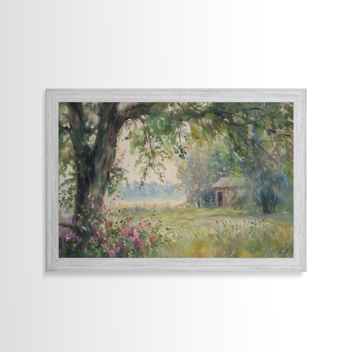 Painting Of An Old Farmhouse In The Spring, Framed Canvas Print, Watercolor Painting, Original Art, Living Room Art, Wall Art