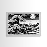 Black and White Wave Canvas Print, Hokusai Inspired Wall Art, Woodblock Print Style, Wall Art, Vintage Style Wall Art