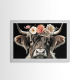 Framed Highland Cow With Flowers Painting canvas print Farmhouse art Cattle Wooden background Country wall art Cow print Rustic Wall Art