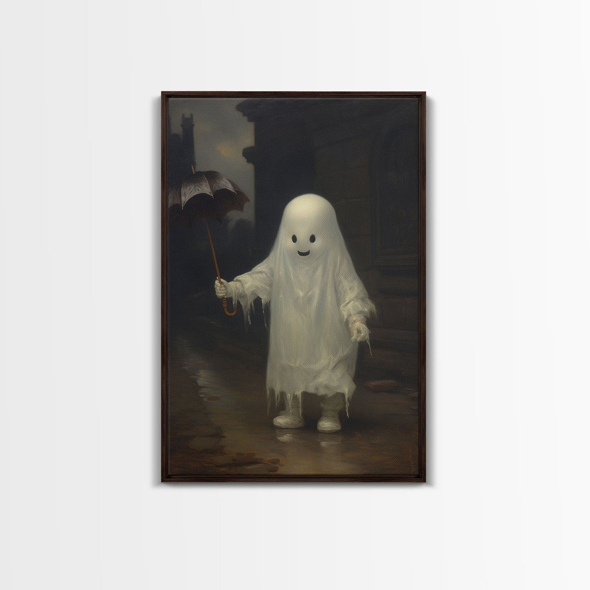 Cute Ghost Painting, Ghost In The Rain, Vintage Canvas, Art Canvas Print, Dark Academia, Haunting Ghost, Cute Halloween Decor