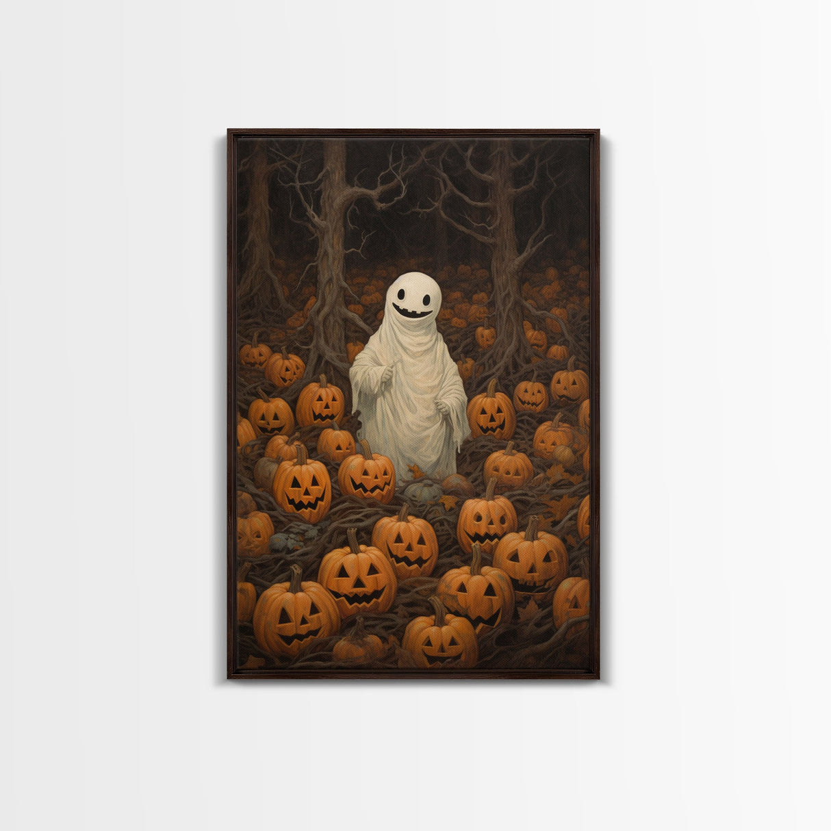 Fall Omens - Spooky Ghost In A Pumpkin Patch, Halloween Decor, Fall Art, Framed Canvas Print, Spooky Halloween Decor