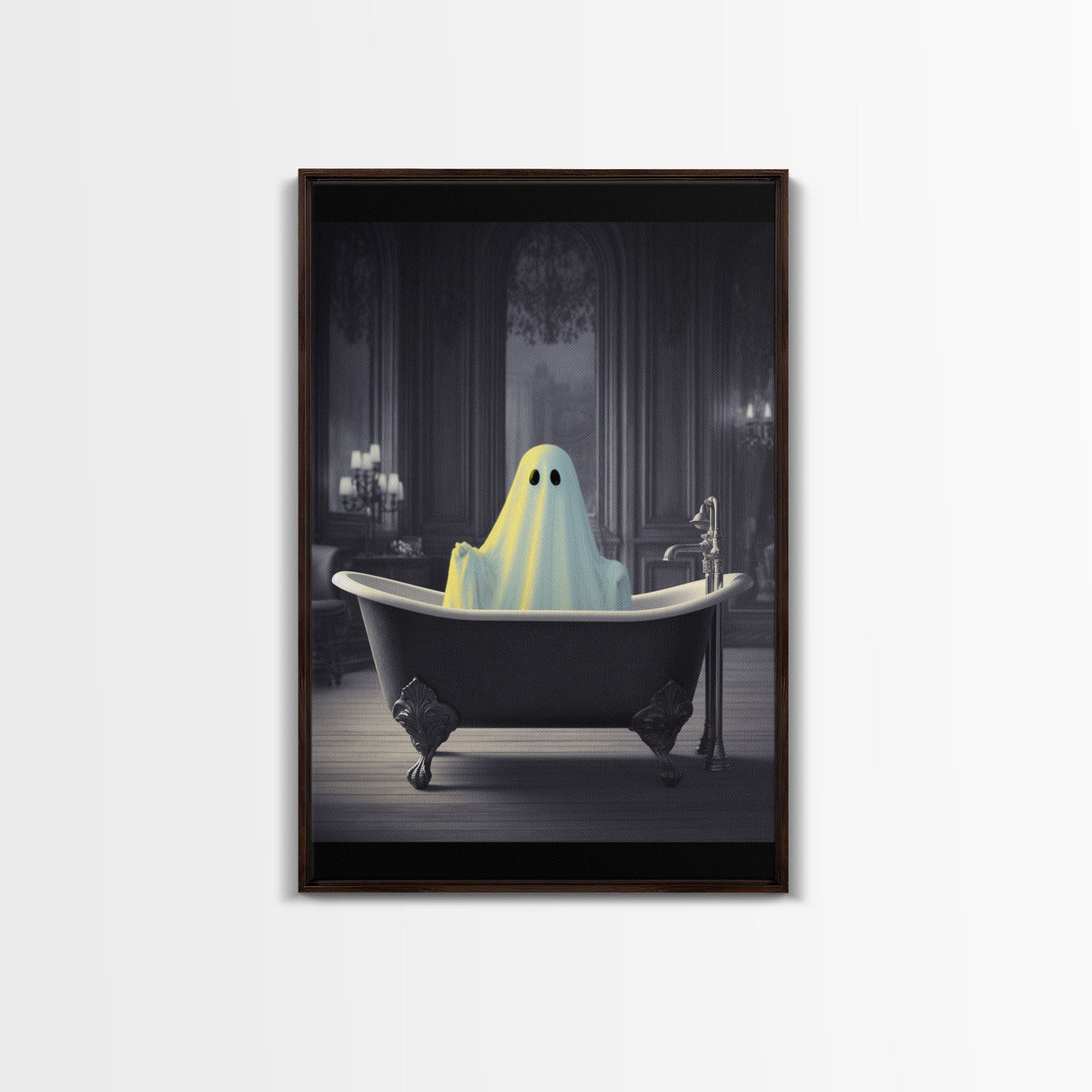 Funny Halloween Art, Ghost Takin' A Bath, Framed Canvas Print, Halloween Canvas, Ghost In The Tub, Goofy Gothic Victorian Art