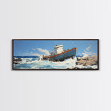 Man Vs. Ocean, Tugboat Crashing On The Rockets, Framed Canvas Print, Nautical Decor, Nautical Centerpiece