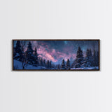 Starry Night Northern Lights, Framed Canvas Print, Beautiful Night Sky Over A Snow Capped Forest, Winter Landscape Painting, Purple Skies