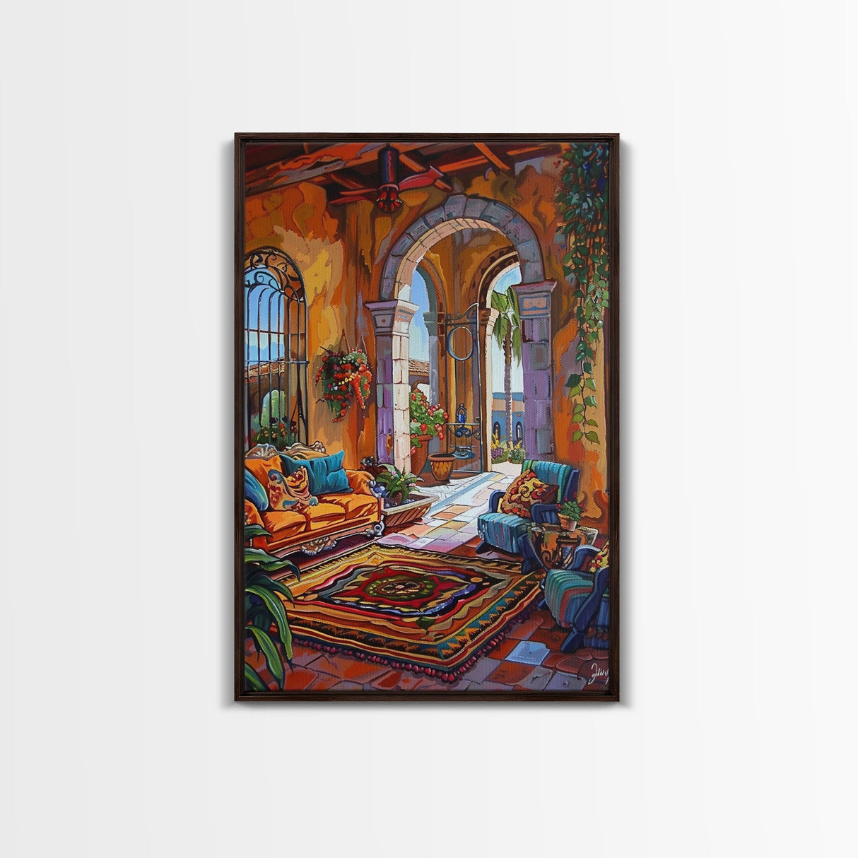 Mediterranean Lounge With Mountain View Framed Canvas Print Spanish Style Patio Wall Art Home Decor Best Gift Seasonal Above Sofa Art