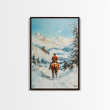 Cowboy Riding Through Snowy Mountains Framed Canvas Print Christmas Wall Art Winter Wonderland Decor Seasonal Wall Art Christmas Gift Idea