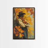 Cowboy Walking in Winter Forest at Sunset Canvas Print, Seasonal Western Wall Art, Rustic Christmas Wall Decor, Vibes, Framed Canvas Print