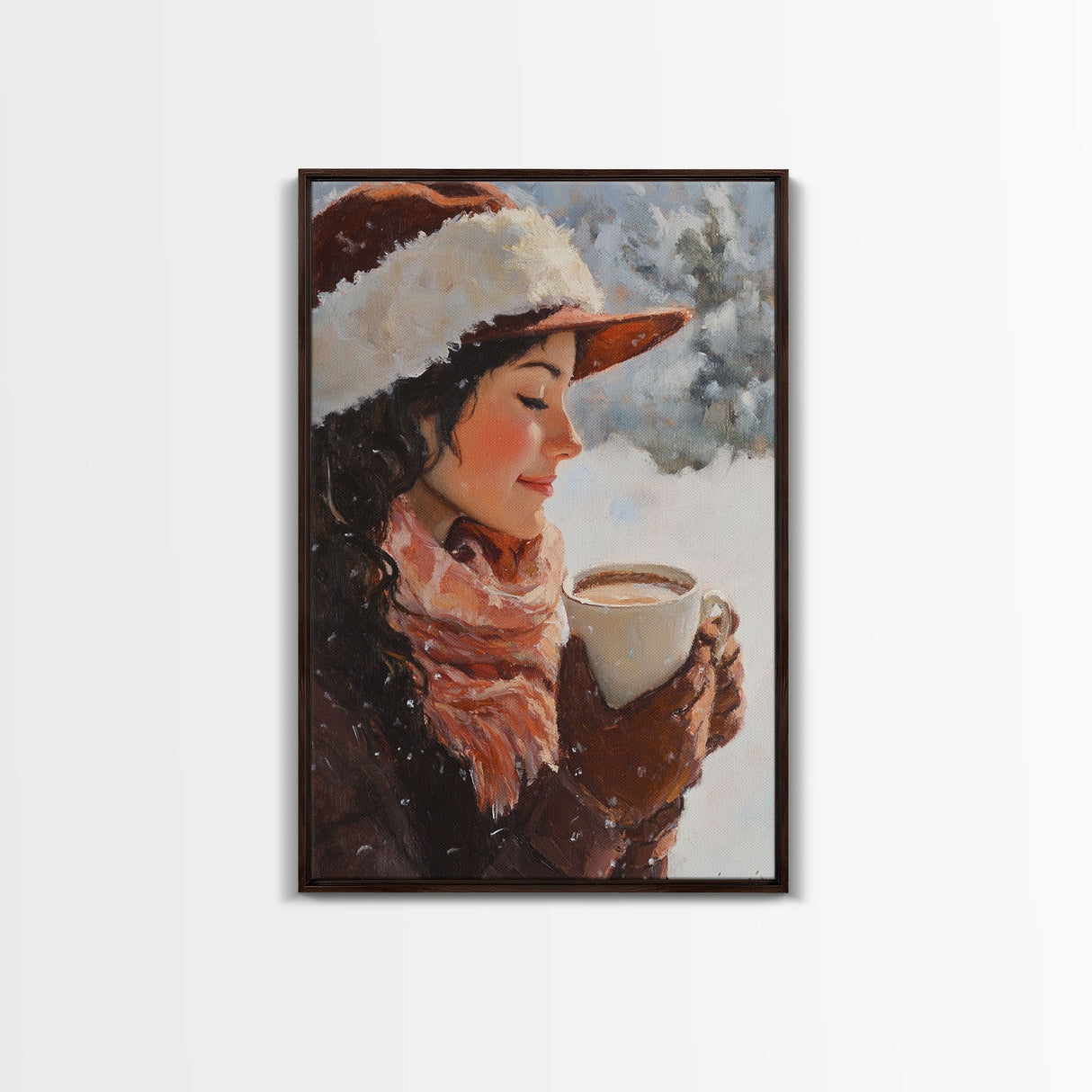 Framed canvas print of a peaceful winter scene with a woman a hot chocolate perfect for holiday gift idea or rustic Christmas wall art decor