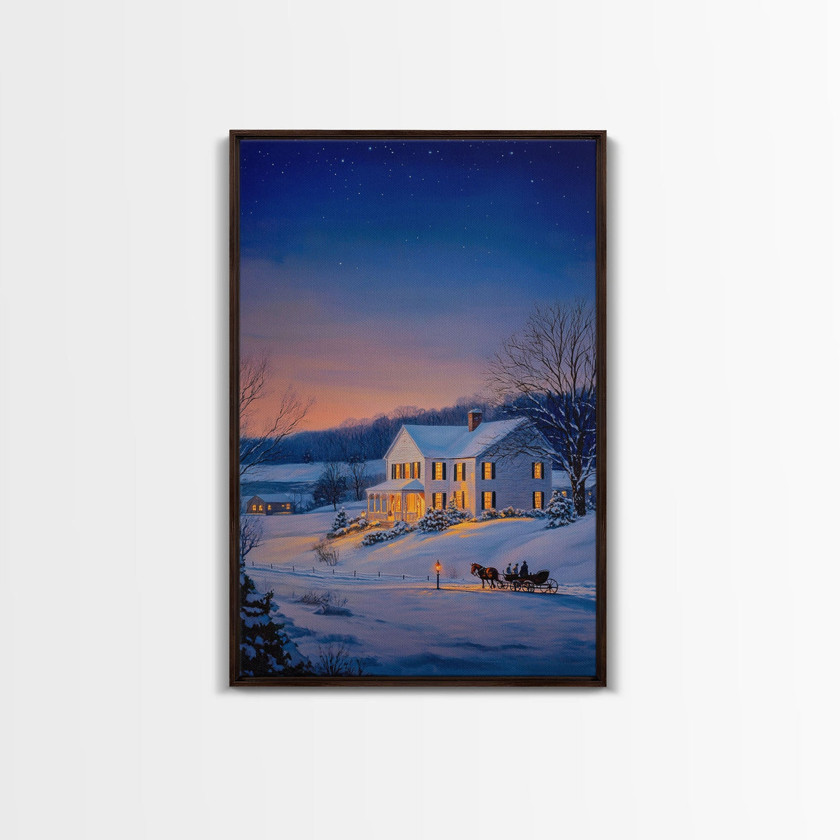 Cozy Snowy House Winter Landscape Framed Canvas Print Wall Art Christmas Decor, Country Christmas Art Gift, Winter Wonderland Art