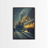 Nostalgic Christmas Train Station Scene in Snowy Winter Night, Ideal for Holiday Decor, Framed Canvas Print