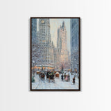 Historical City Winter Framed Canvas Print, Snowy Urban Landscape with Carriages and Victorian Architecture, Elegant Christmas Wall Art