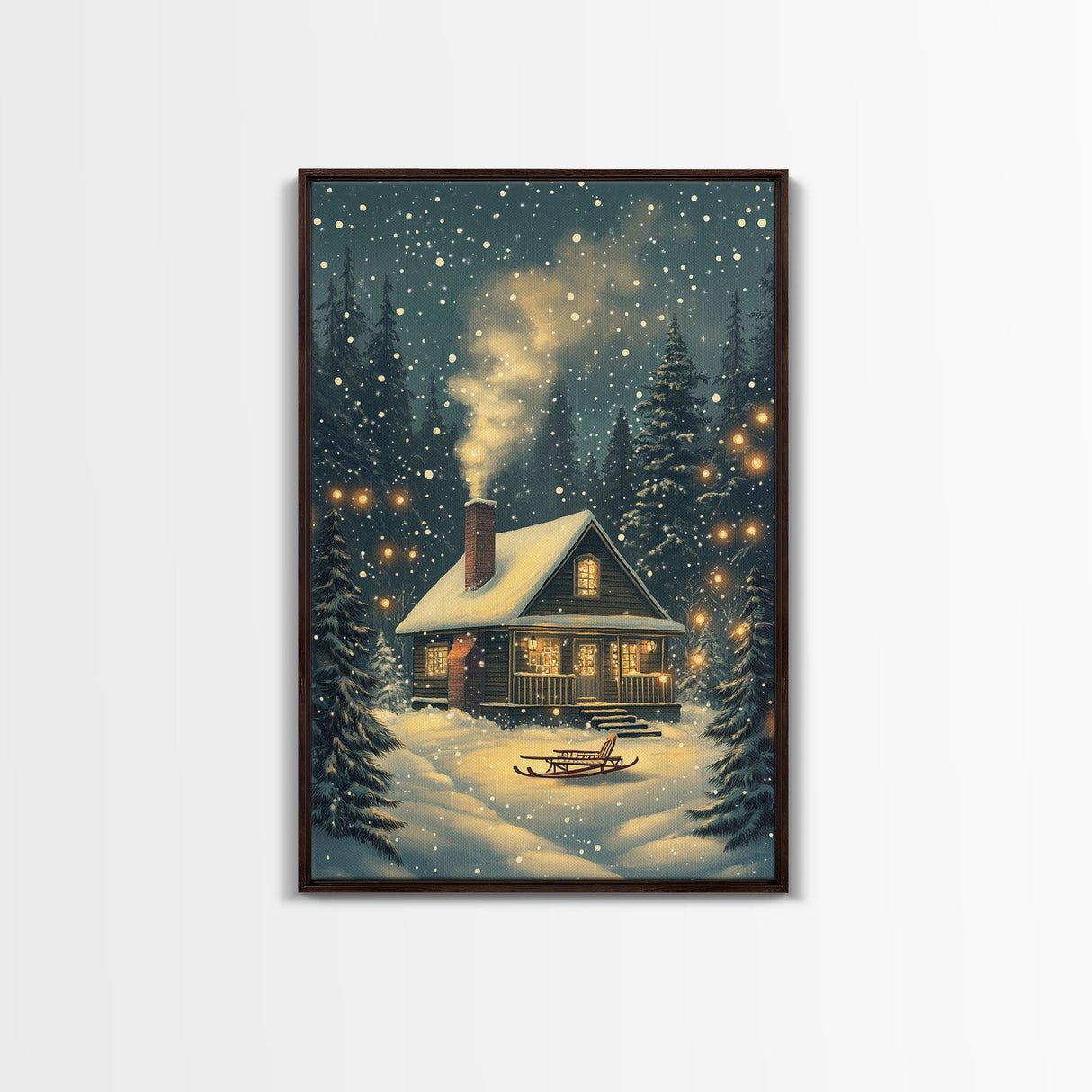 Cozy Cabin in Snowy Winter Forest, Warm Christmas Lights and Peaceful Holiday Scene, Perfect for Winter Wall Art, Framed Canvas Print