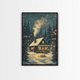 Cozy Cabin in Snowy Winter Forest, Warm Christmas Lights and Peaceful Holiday Scene, Perfect for Winter Wall Art, Framed Canvas Print