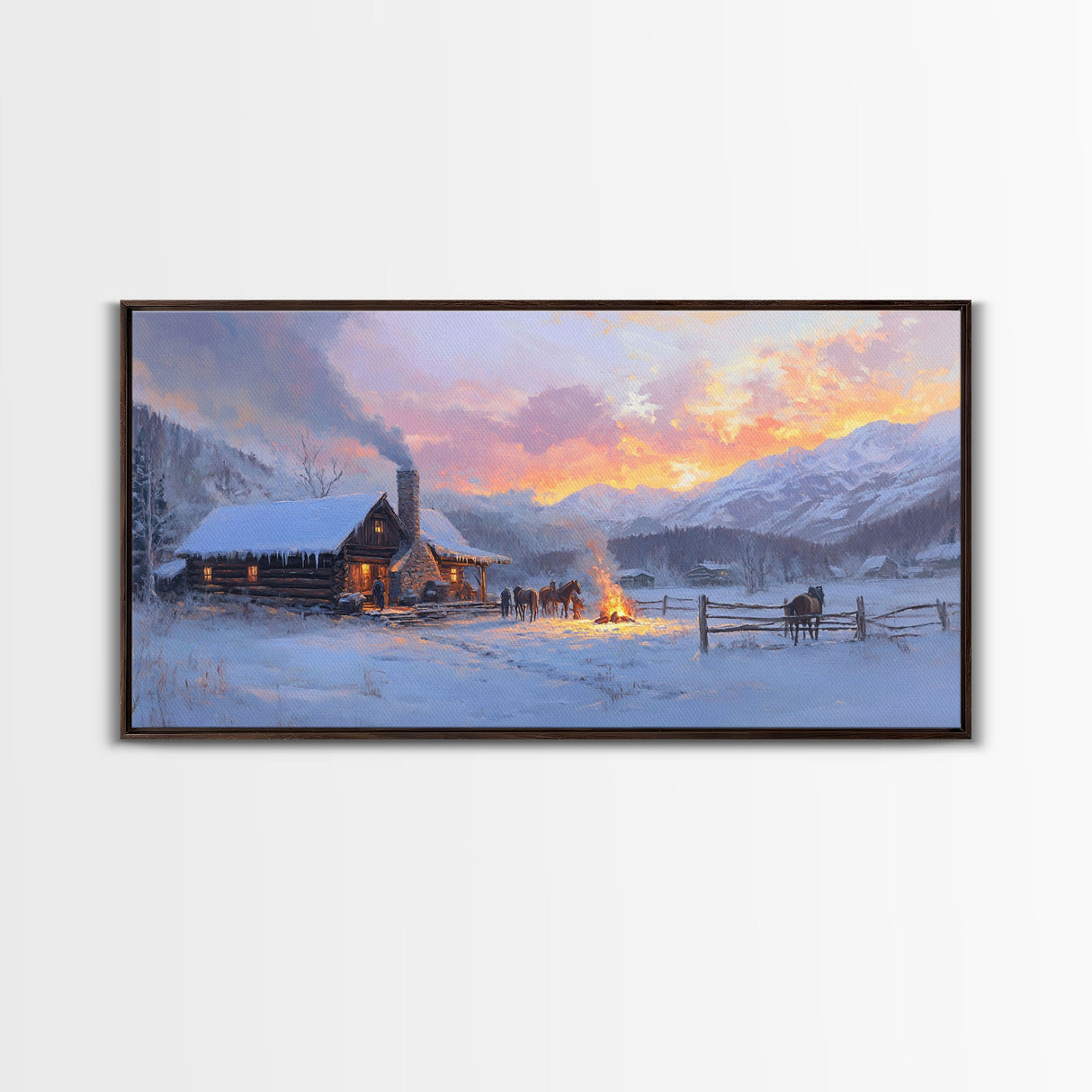 Cozy Snowy Log Cabin Tall Art Framed Canvas Print Winter Home Decor With Warm Fireplace And Horse Rider Under A Beautiful Sunset Scene
