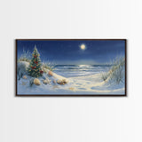 Christmas Tree on Snowy Beach with Full Moon, Framed Canvas Print, Coastal Christmas Art, Nautical Holiday Decor, Winter Wonderland, Beach