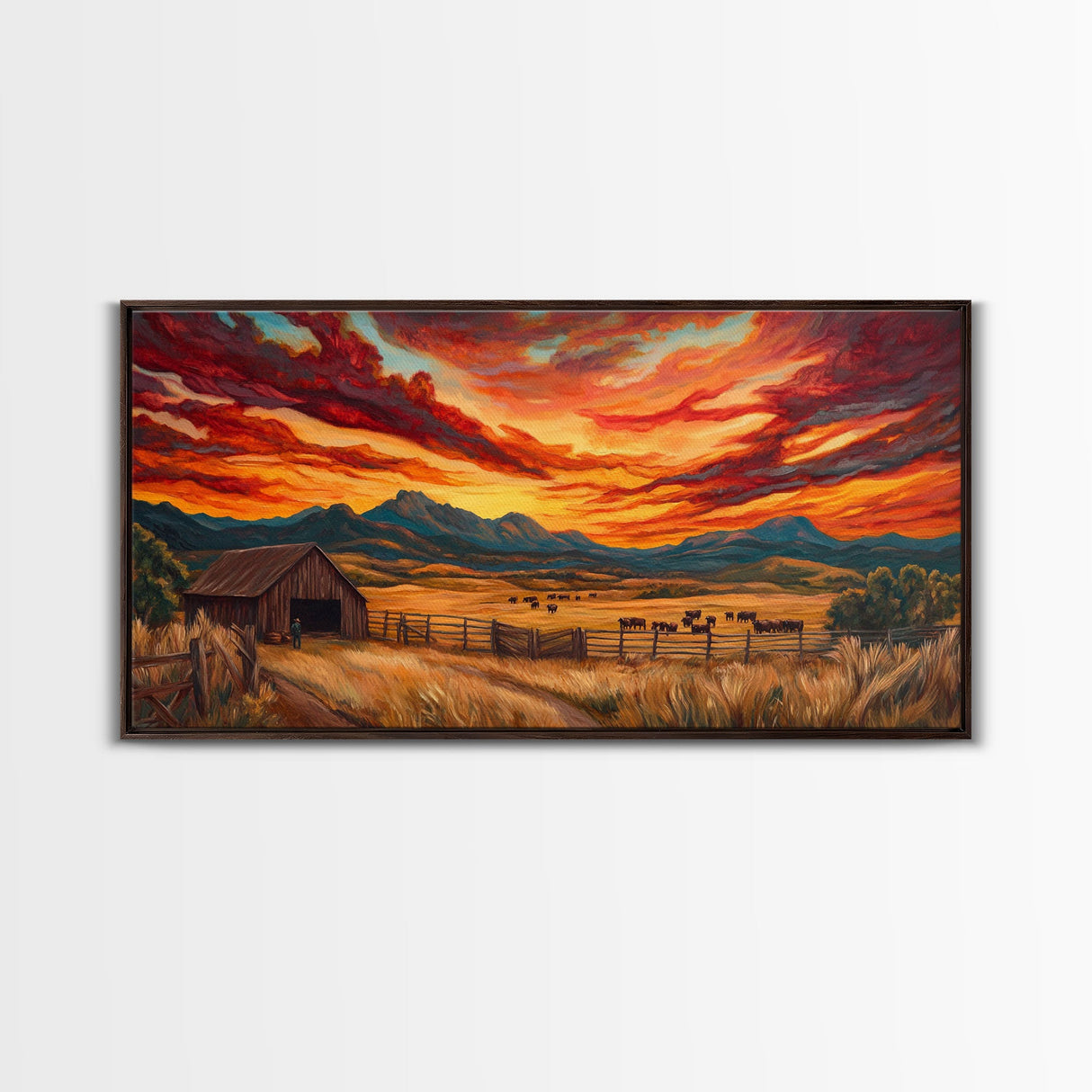 Sunset Ranch Framed Canvas Print Western Farmhouse Landscape Autumn Wall Art Large Fall Country Home Decor Above Sofa Art Piece