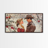 Cowboy and Cowgirl meet under the mistletoe, framed canvas print, cute winter wall art, Christmas home decor, seasonal rustic decor