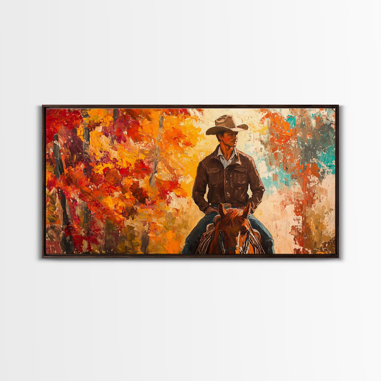 Cowboy Riding Through The Autumn Trees, Framed Canvas Print, Rustic Farmhouse Wall Art, Boho Style Seasonal Watercolor Painting