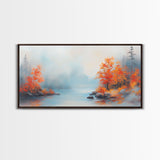 Fall On The Lake, Framed Canvas Print, Beautiful Seasonal Decor, Moody Landscape Painting