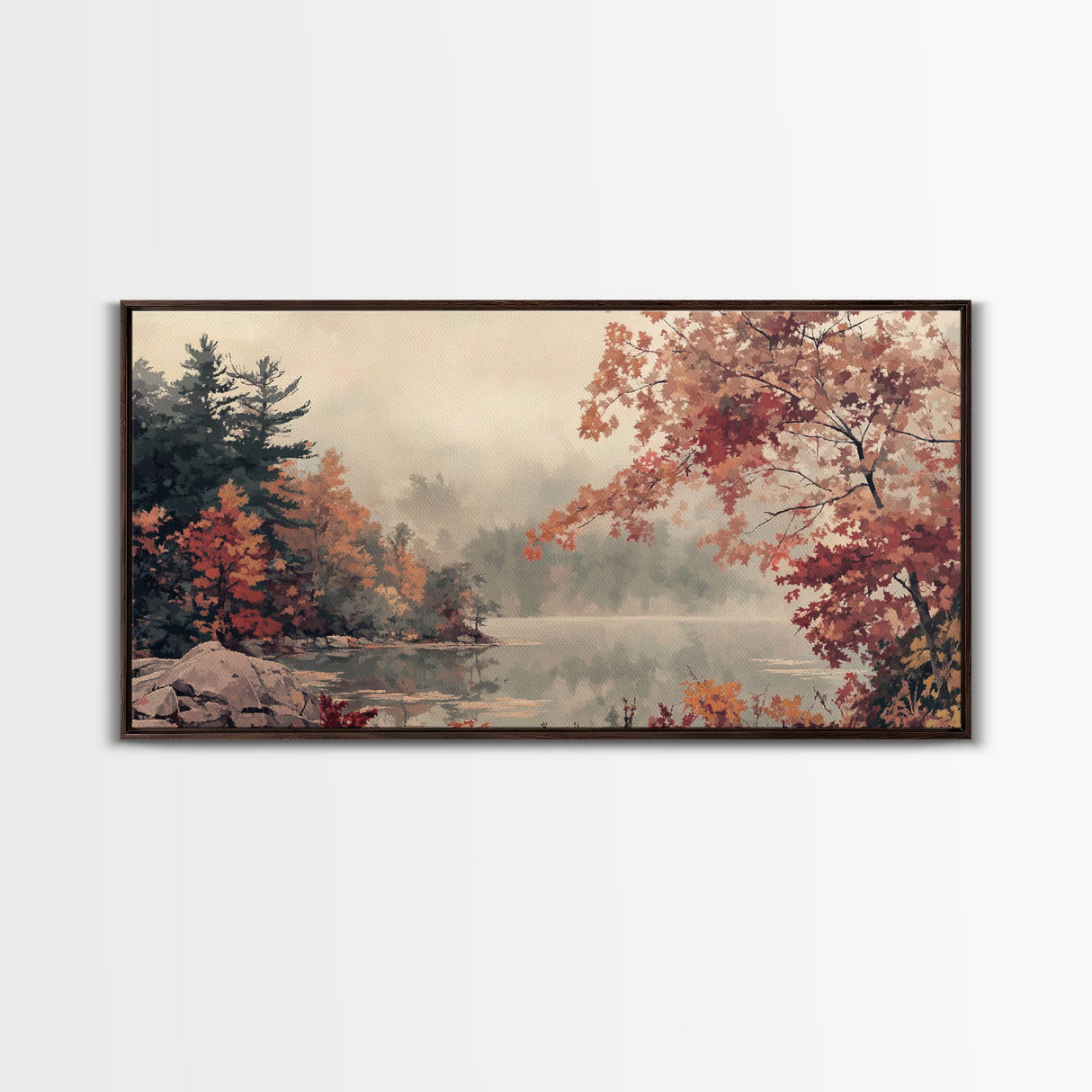Misty Lake and Autumn Trees Framed Canvas Print, Tranquil Landscape Art, Fall Nature Scene Wall Art, Seasonal Fall Decor, Gallery Wall