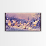 Serene Christmas Village Framed Canvas Print, Snowy Winter Landscape with Families Sledding in a Cozy Neighborhood Holiday Art