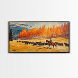 Cowboy Herding Cattle Under Mountains Framed Canvas Print Tall Art Autumn Country Landscape Fall Decor Western Wall Art Farmhouse Gift Idea