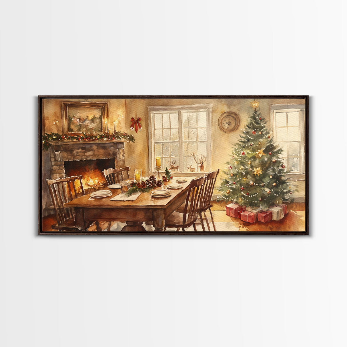 Rustic Christmas dining room scene with a Christmas tree, Framed Canvas Print with a festive table warm fireplace, farmhouse holiday decor