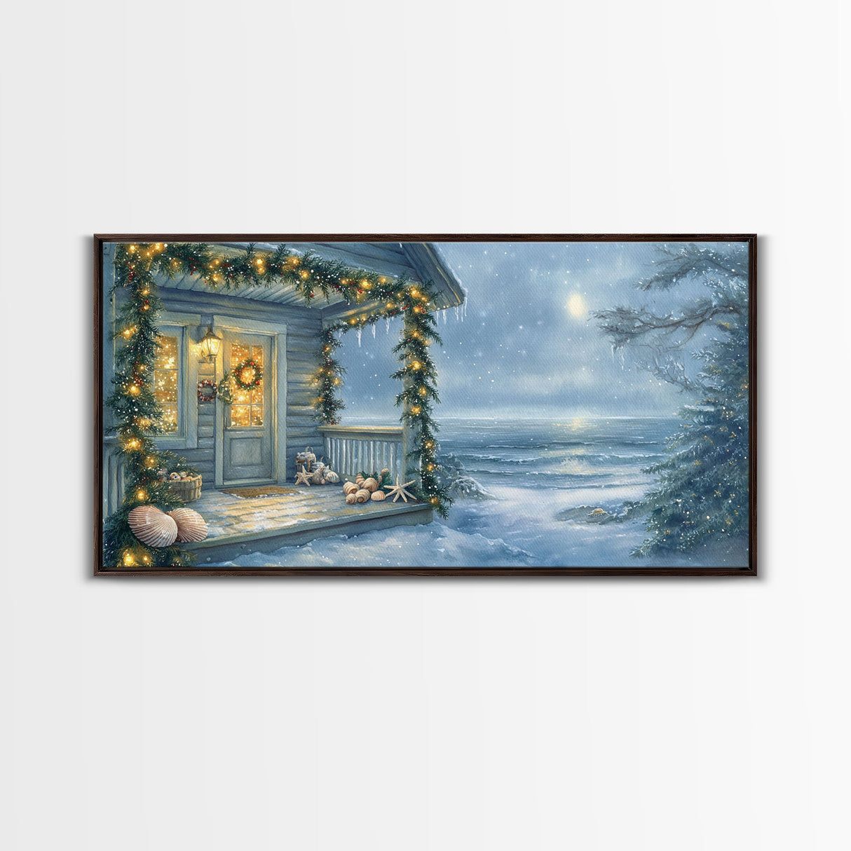 Rustic snowy mountain cabin with Christmas lights, Framed Canvas Print a cozy winter scene, perfect for winter wonderland wall decor