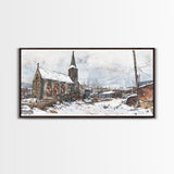 Snowy church scene framed canvas print, stained glass church in winter with snow-covered rooftops, perfect Christmas or holiday art display