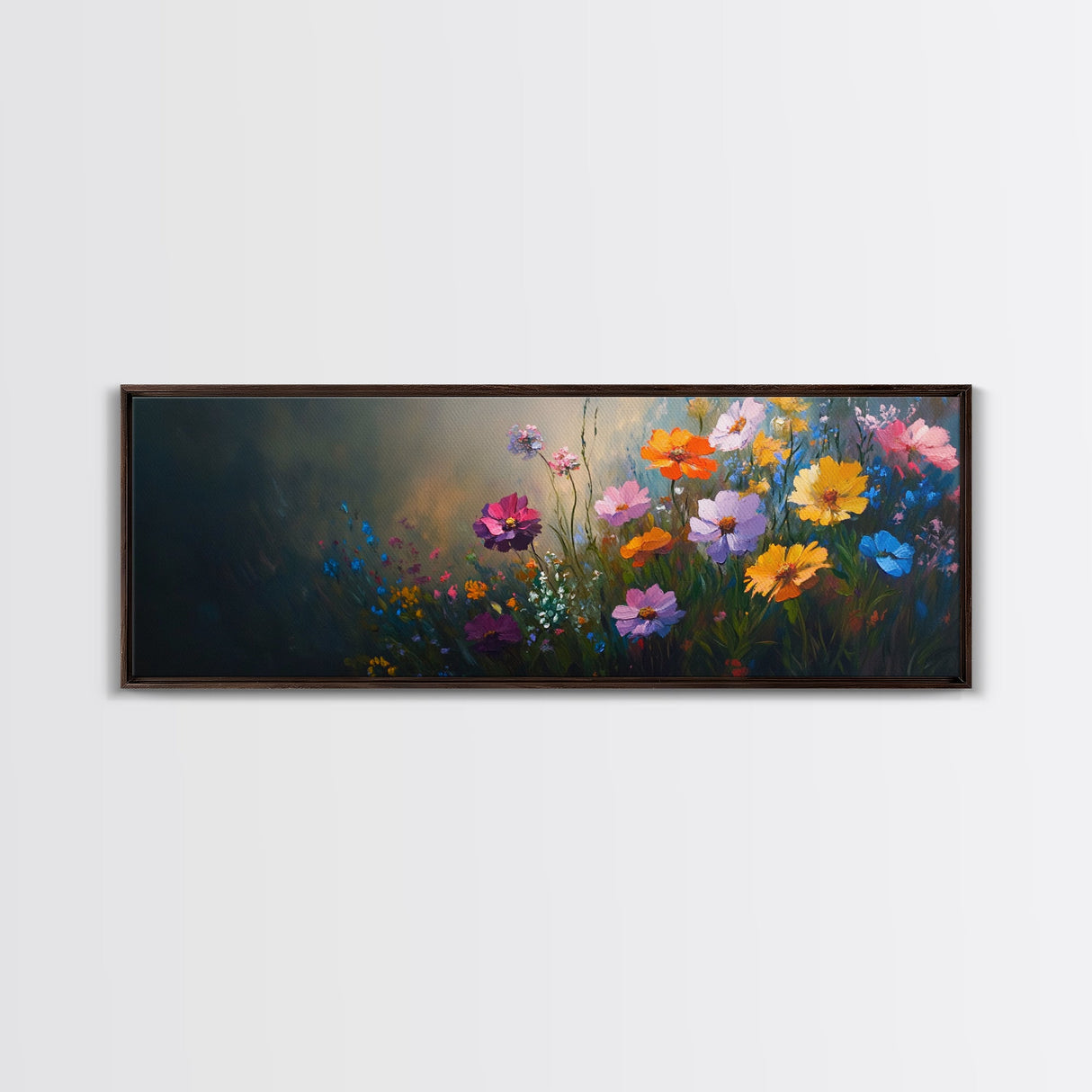 Wildflowers In a Thunder Storm, Framed Canvas Print, Colorful Botanical Print, Field of Wildflowers Canvas Art, Dark Floral Landscape Wide Art
