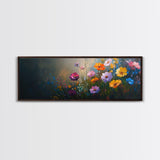 Wildflowers In a Thunder Storm, Framed Canvas Print, Colorful Botanical Print, Field of Wildflowers Canvas Art, Dark Floral Landscape Wide Art