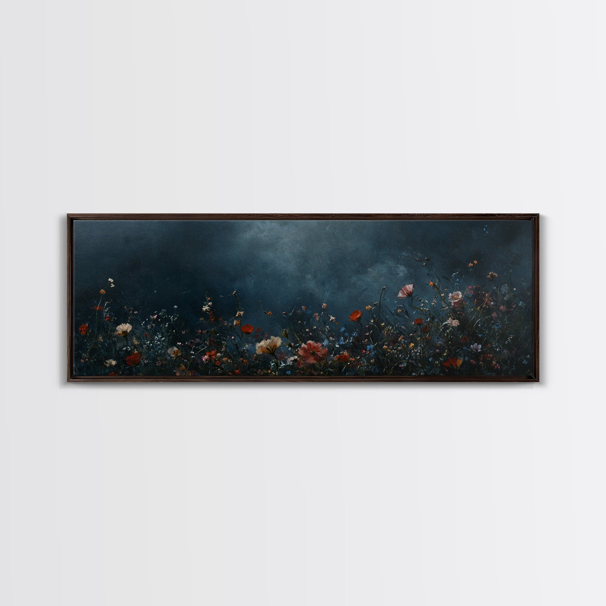 Dark & Moody Wild Flowers At Night, Framed Canvas Print, Panoramic Thought Provoking Wall Art, Above Bed Art, Dark Floral Painting