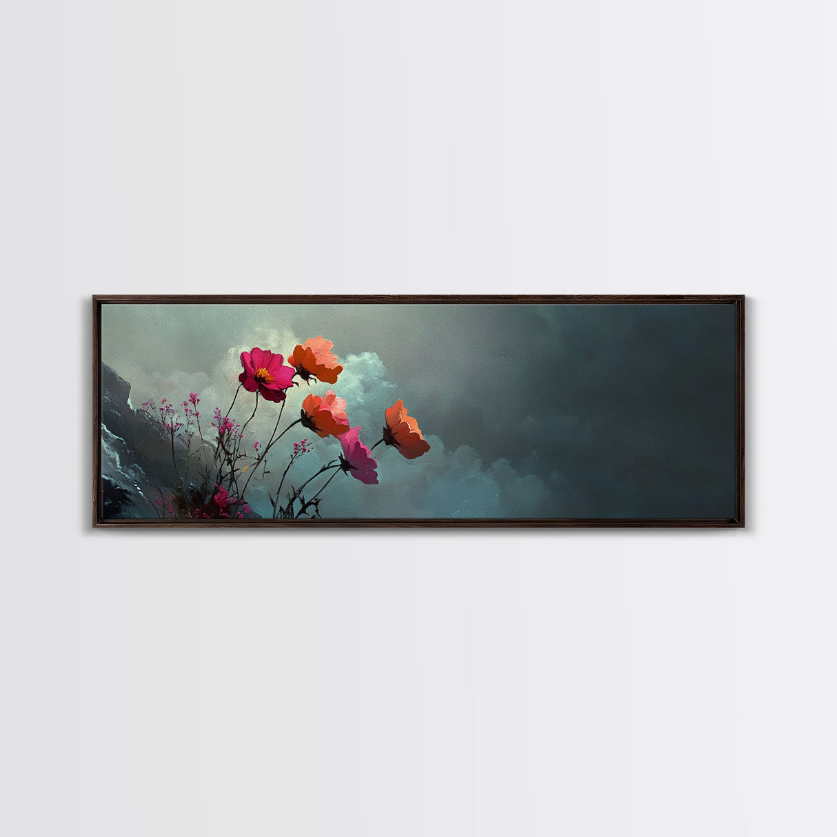 Beautiful Wild Flowers In The Clouds, Mountain Painting Canvas Print, Moody Decor, Muted and Subdued Wall Art, Centerpiece Art