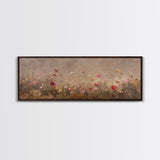 Wild Flowers On a Grey Background, Framed Canvas Print, Panoramic Oil Painting Print, Boho Farmhouse Decor, Modern Rustic Primitive Decor