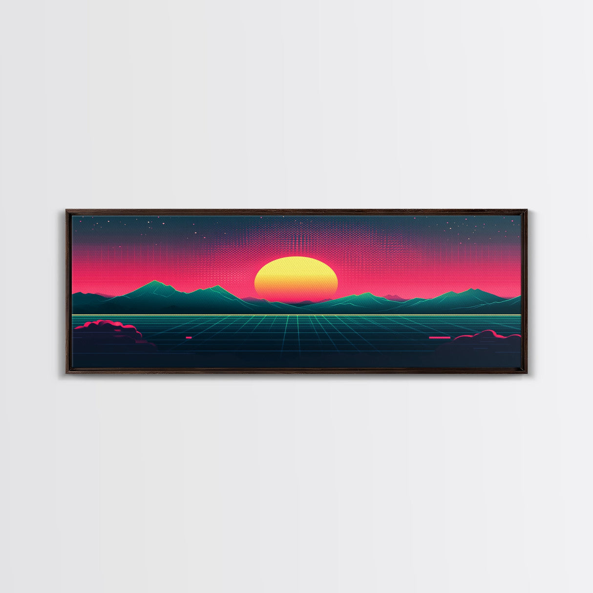 Synthwave Sunset Over The Mountains, Wireframe Art, Framed Canvas Print, Wire Frame Retro 1980s Style Wall Art