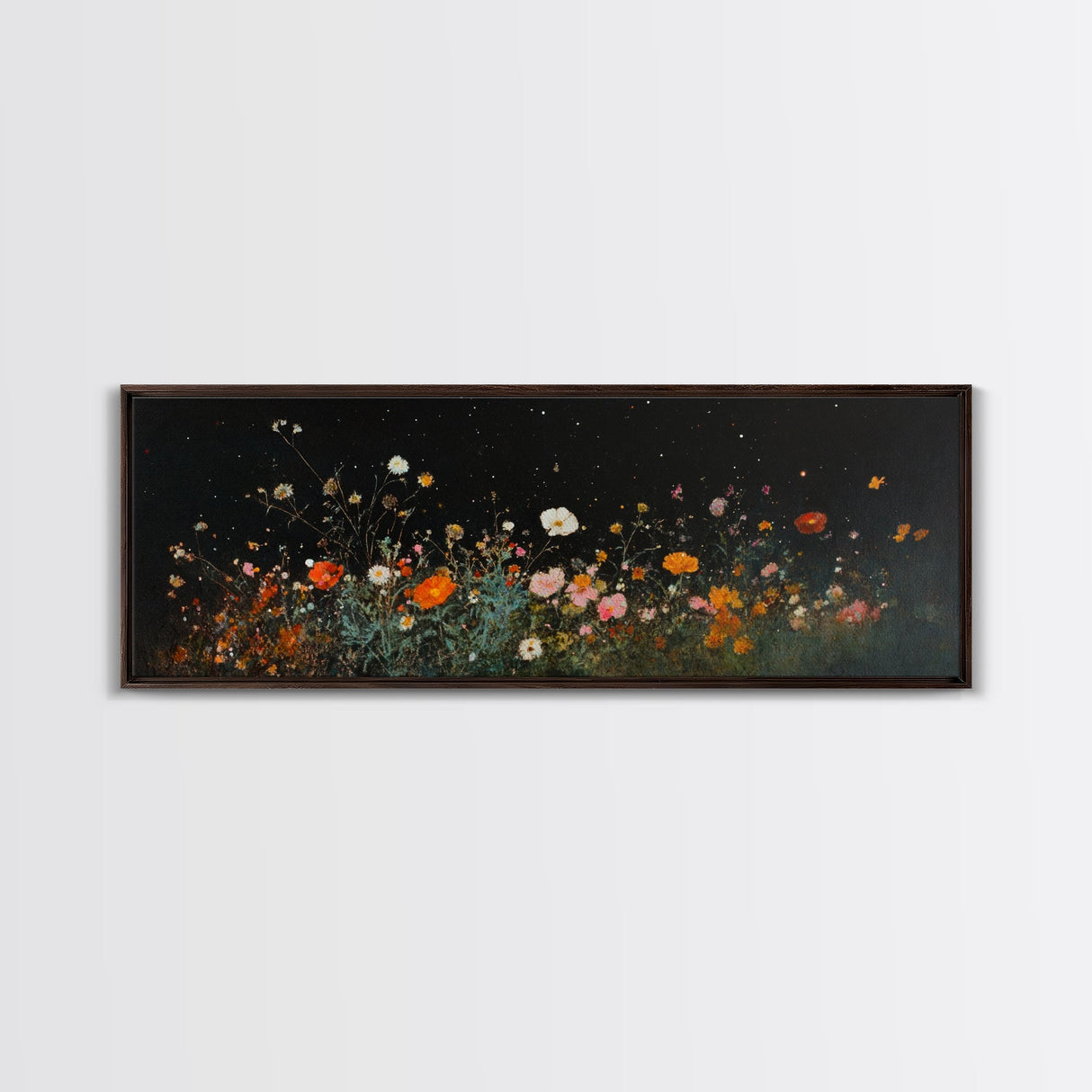 Dark & Moody Wild Flowers Under a Full Moon, Framed Canvas Print, Panoramic Extra Wide Wall Art, Oversized Home Decor
