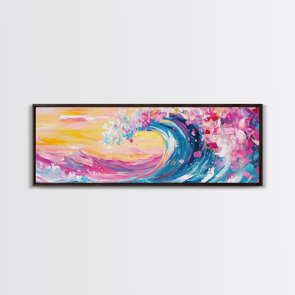 Rainbow Waves, Pink and Turquoise Ocean Waves Framed Canvas Print, Eclectic Kitsch Decor, Retro Farmhouse Wall Art