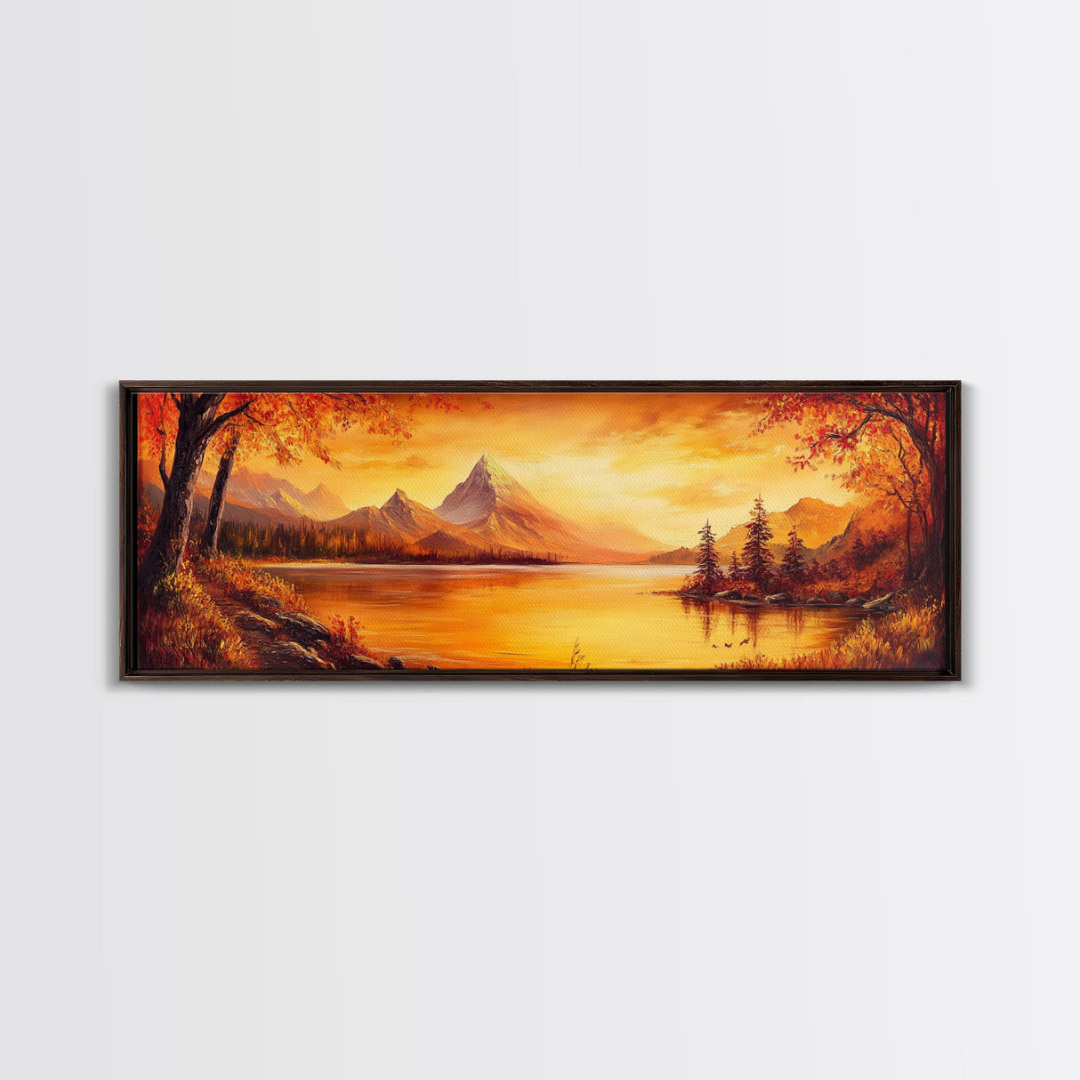 Golden Hour Over The Mountains, Sunset Landscape Painting Print, Wood Framed Artwork, Ultra Wide Panoramic Print