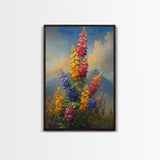 Vintage Style Canvas Print Oil Painting of Wild Flowers On A Mountain Landscape, Framed Canvas, Antique Style Wall Art, Painting of Flowers