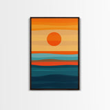 Sunset Over The Ocean Minimalist Print, Vertical Sea Sun Framed Canvas, Waves Line Art, Blue and Orange Sunset Beach House Painting